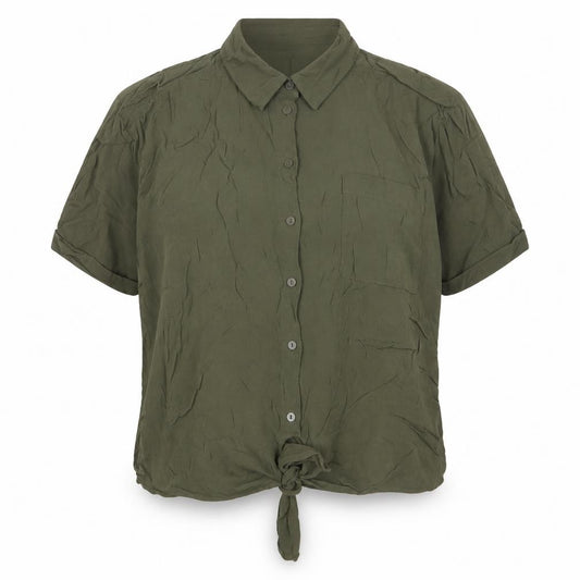 Front view of Warehouse women’s green viscose basic button-up, size UK 16, collared