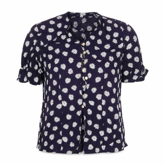 Front view of Encadee women’s blue floral viscose basic button-up, size UK 10, v-neck