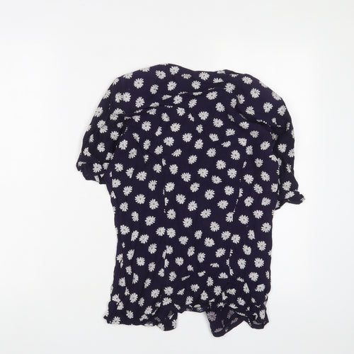 Encadee Womens Blue Floral Viscose Basic Button-Up Size 10 V-Neck