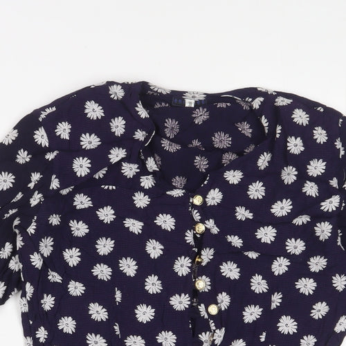 Encadee Womens Blue Floral Viscose Basic Button-Up Size 10 V-Neck