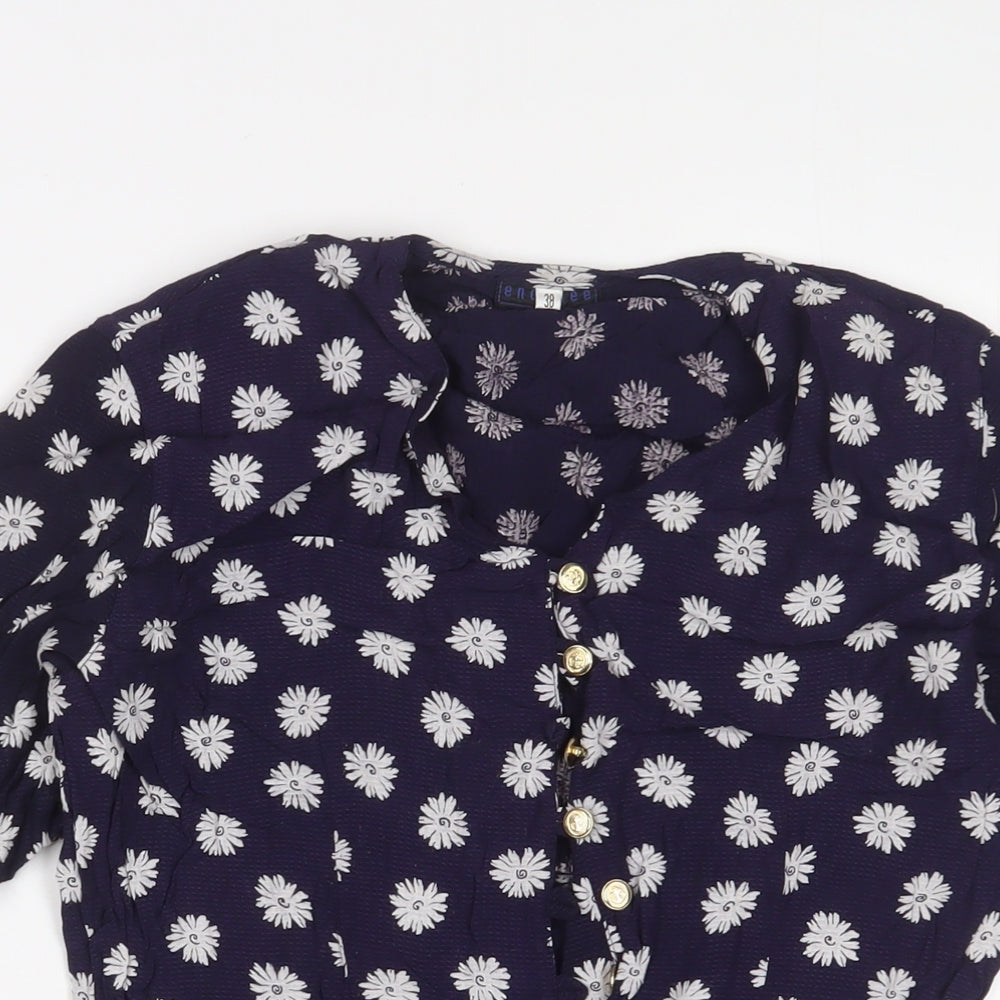 Encadee Womens Blue Floral Viscose Basic Button-Up Size 10 V-Neck