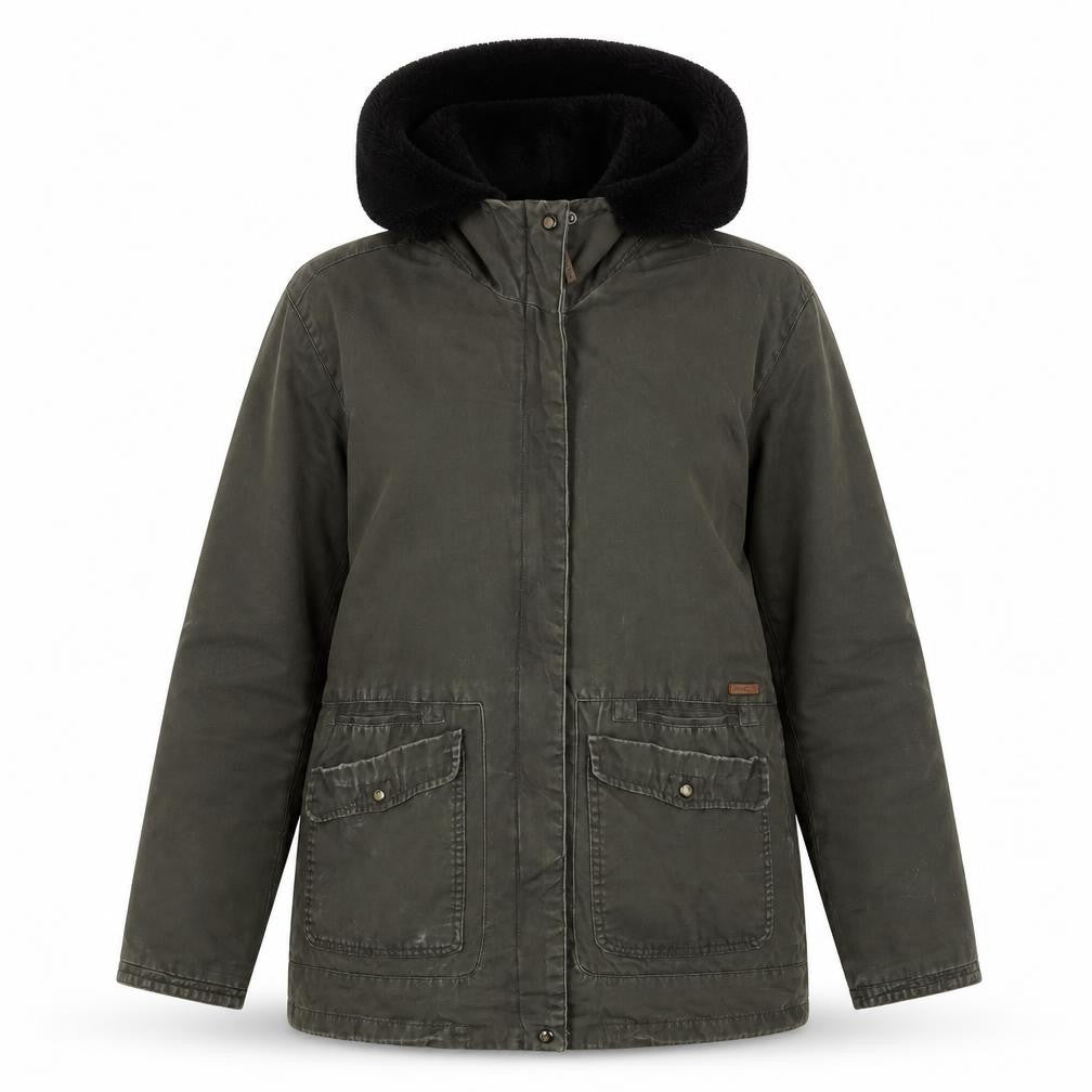 Front view of Pull&Bear women’s green jacket coat, size S, zip - pockets