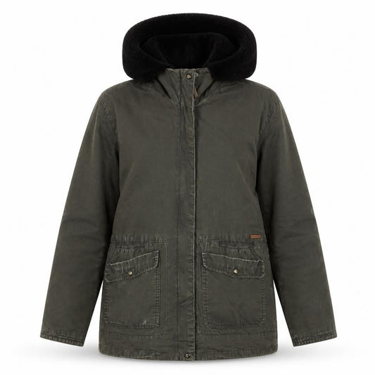 Front view of Pull&Bear women’s green jacket coat, size S, zip - pockets