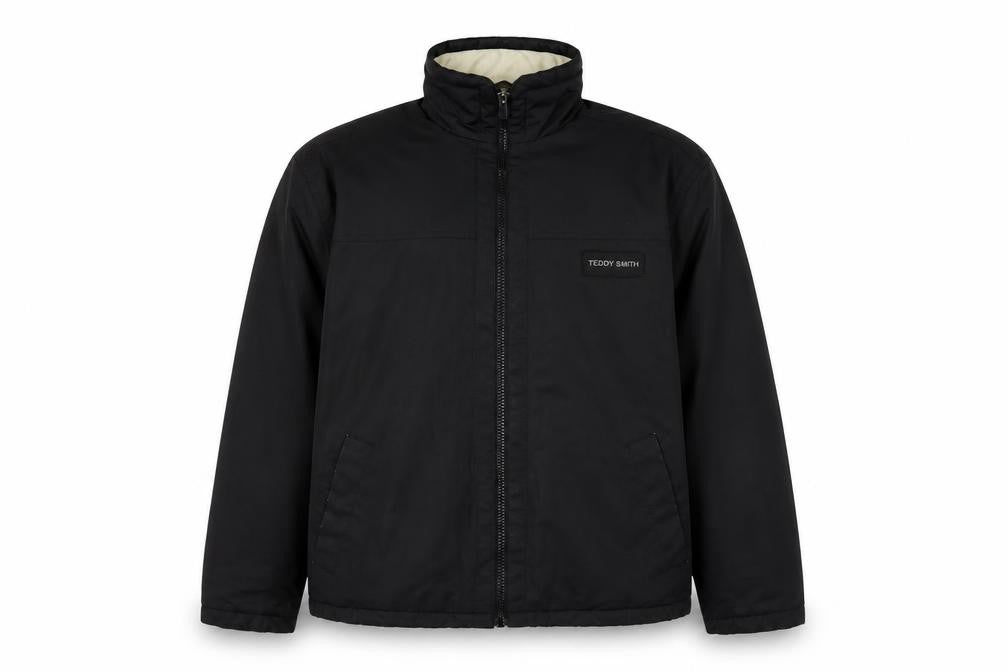 Front view of Teddy Smith men’s black jacket coat, size M, zip