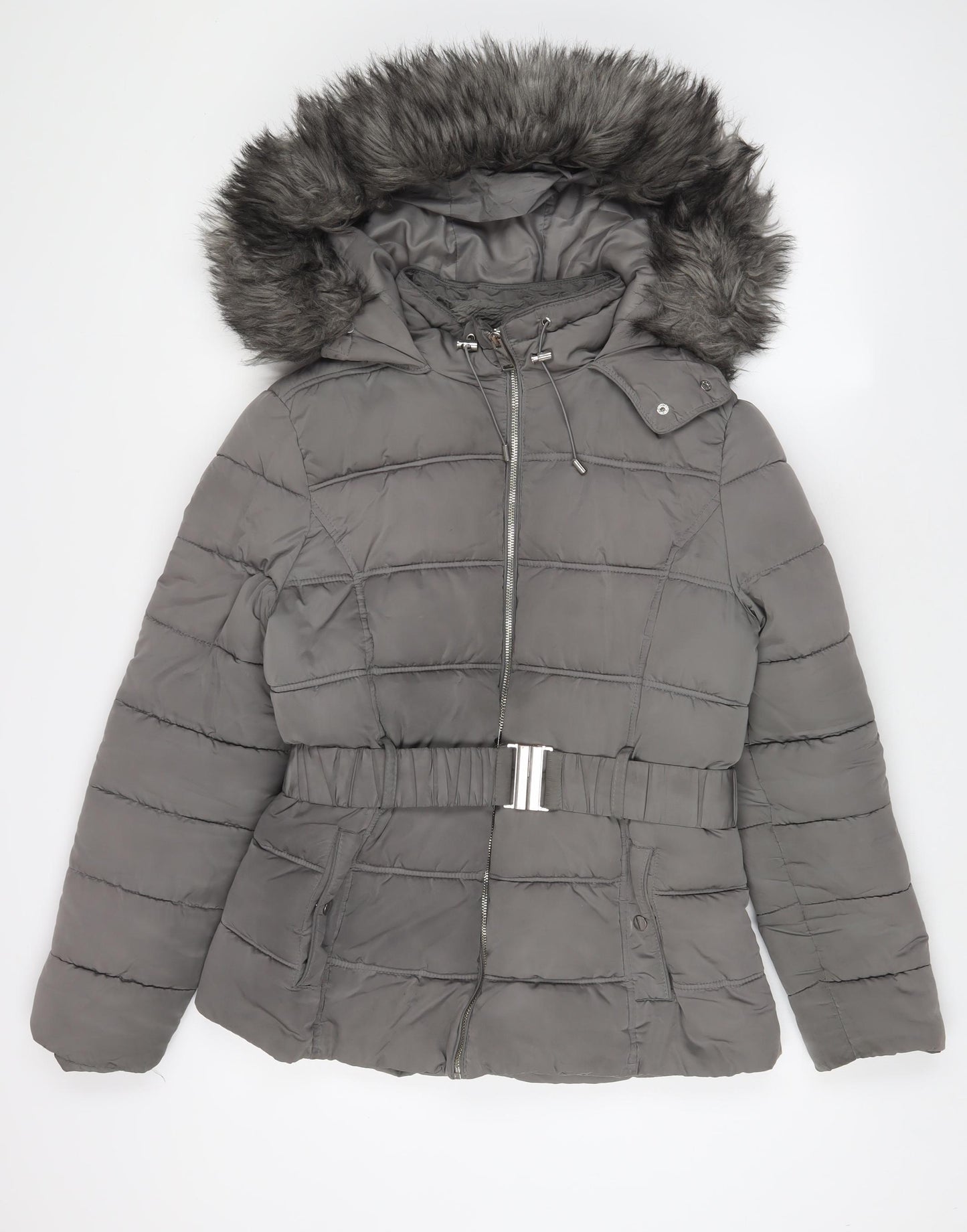 New Look Womens Grey Parka Coat Size 12 Zip - Belted