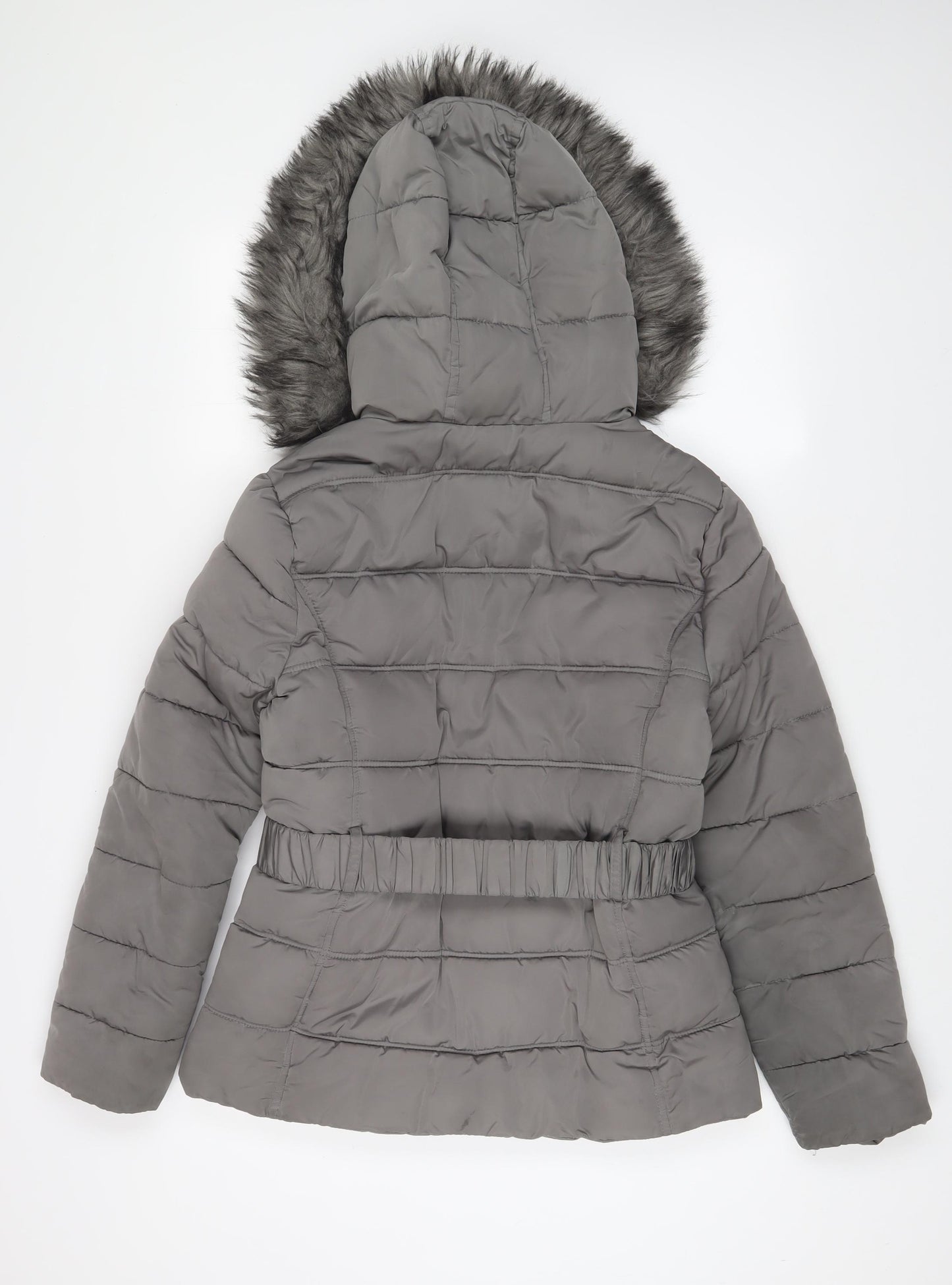 New Look Womens Grey Parka Coat Size 12 Zip - Belted