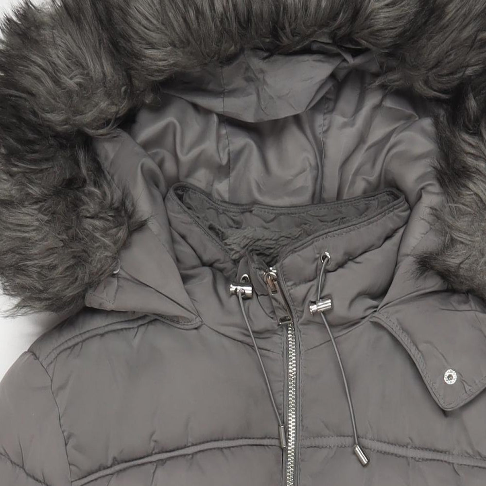 New Look Womens Grey Parka Coat Size 12 Zip - Belted