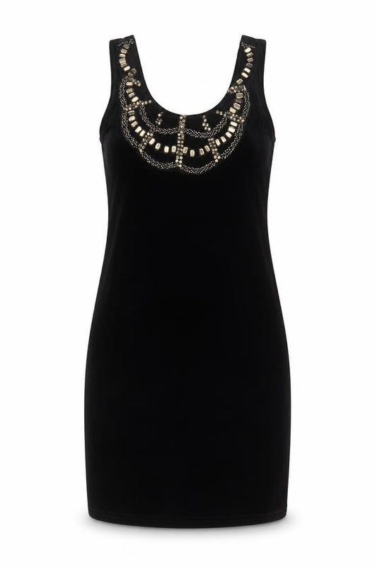 Front view of New Look women’s black polyester tank dress, size UK 10, scoop neck pullover - beaded