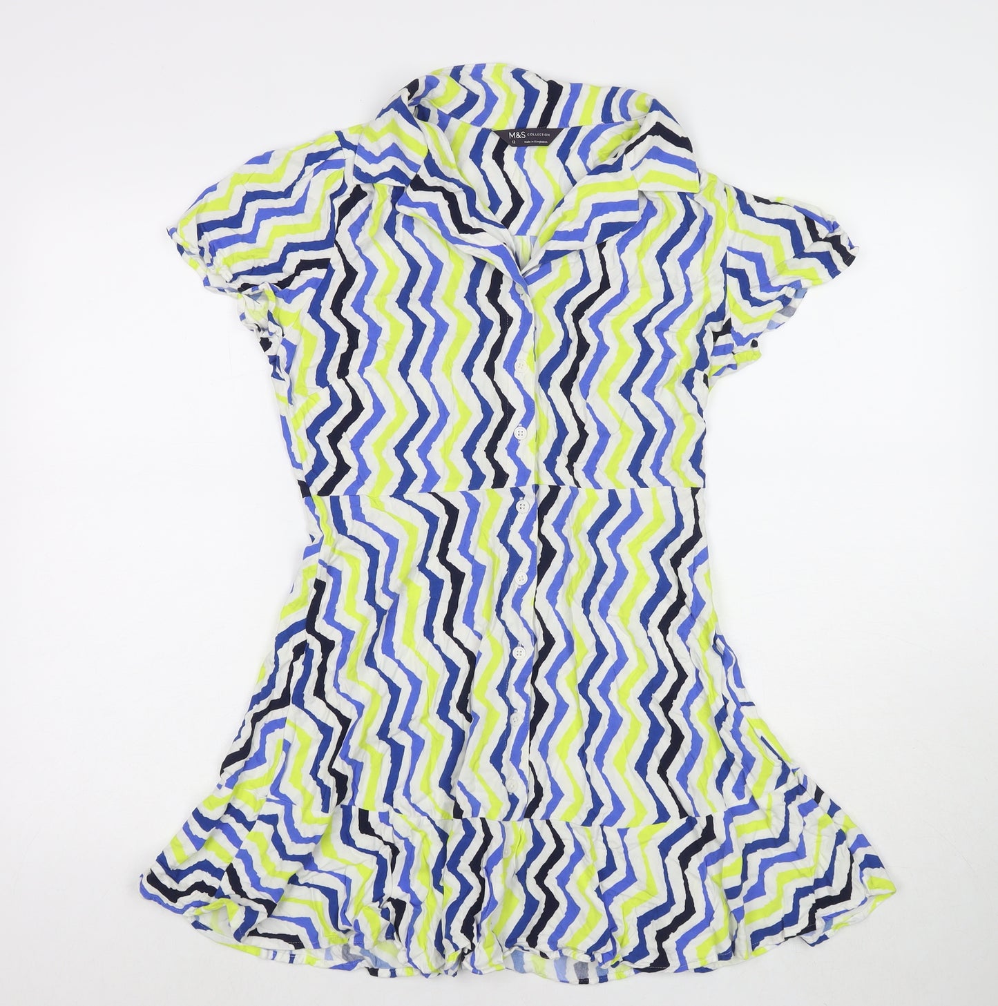 Marks and Spencer Womens Multicoloured Striped Viscose Shirt Dress Size 12 Collared Button
