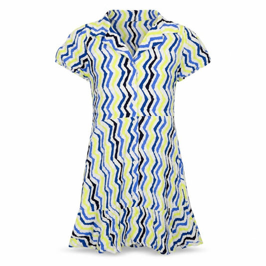 Front view of Marks & Spencer women’s multicoloured striped viscose shirt dress, size UK 12, collared button