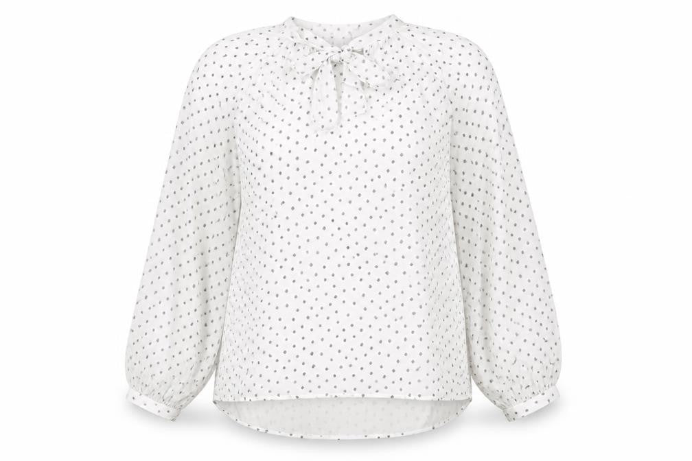 Front view of Marks & Spencer women’s white polka dot polyester basic blouse, size UK 12, round neck