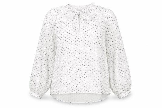 Front view of Marks & Spencer women’s white polka dot polyester basic blouse, size UK 12, round neck