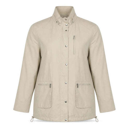 Front view of NuAge women’s beige parka jacket, size UK 18, zip