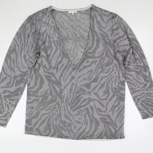 Lakeland Womens Grey V-Neck Animal Print Wool Pullover Jumper Size 16