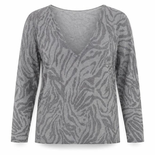 Lakeland Womens Grey V-Neck Animal Print Wool Pullover Jumper Size 16