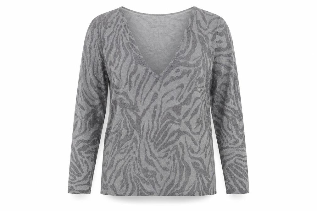 Lakeland Womens Grey V-Neck Animal Print Wool Pullover Jumper Size 16