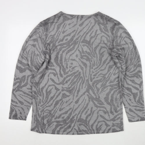 Lakeland Womens Grey V-Neck Animal Print Wool Pullover Jumper Size 16