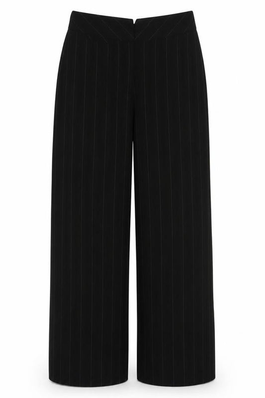 Front view of AMARANTO women’s black striped polyester trousers, size UK 10, 31-inch leg regular