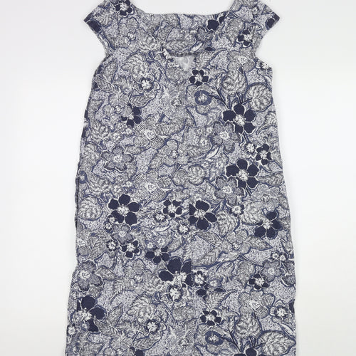 NEXT Womens Blue Floral Linen A-Line Size 10 Round Neck Pullover