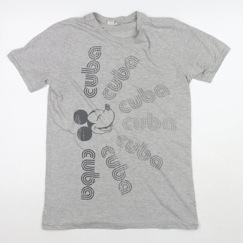 Disney Womens Grey Polyester Basic T-Shirt Size L Round Neck - Mickey Mouse Cuba