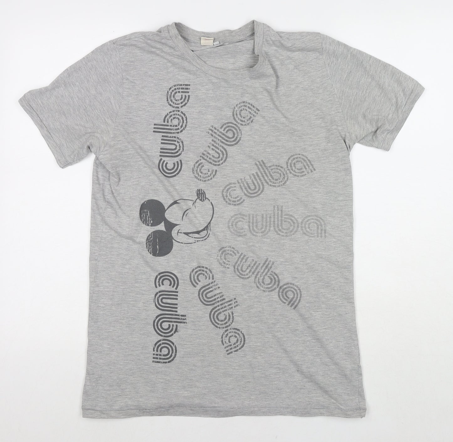 Disney Womens Grey Polyester Basic T-Shirt Size L Round Neck - Mickey Mouse Cuba