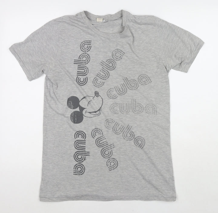 Disney Womens Grey Polyester Basic T-Shirt Size L Round Neck - Mickey Mouse Cuba