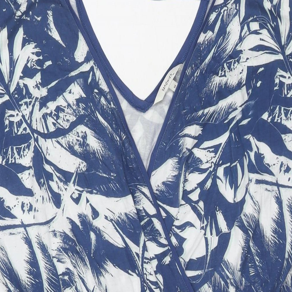 Sandwich Womens Blue Floral Cotton T-Shirt Dress Size M V-Neck Tie