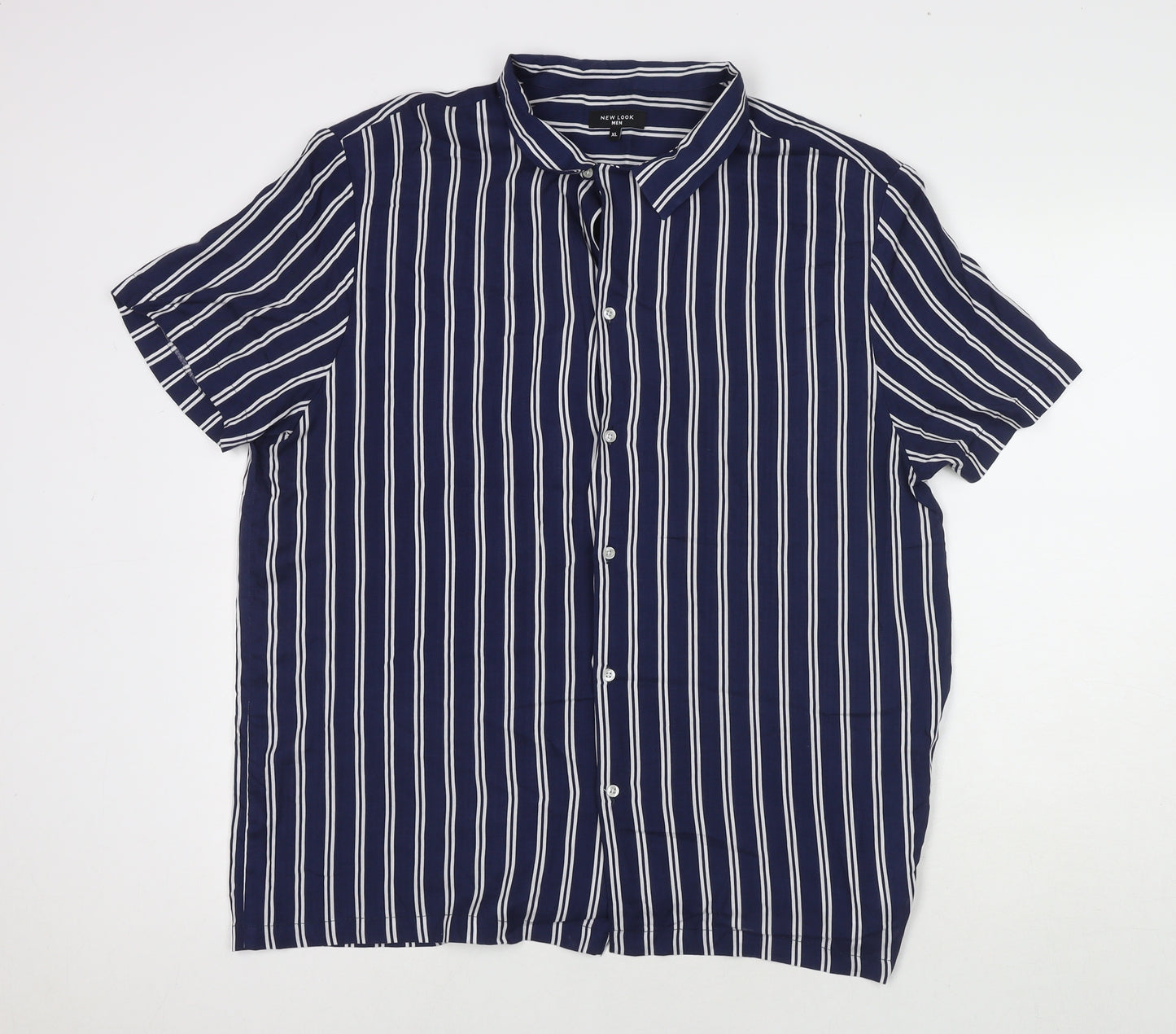 New Look Mens Blue Striped Viscose Button-Up Size XL Collared Button