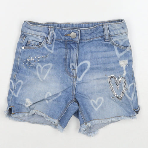 NEXT Girls Blue Geometric Cotton Cut-Off Shorts Size 5 Years L3 in Regular Zip - Hearts