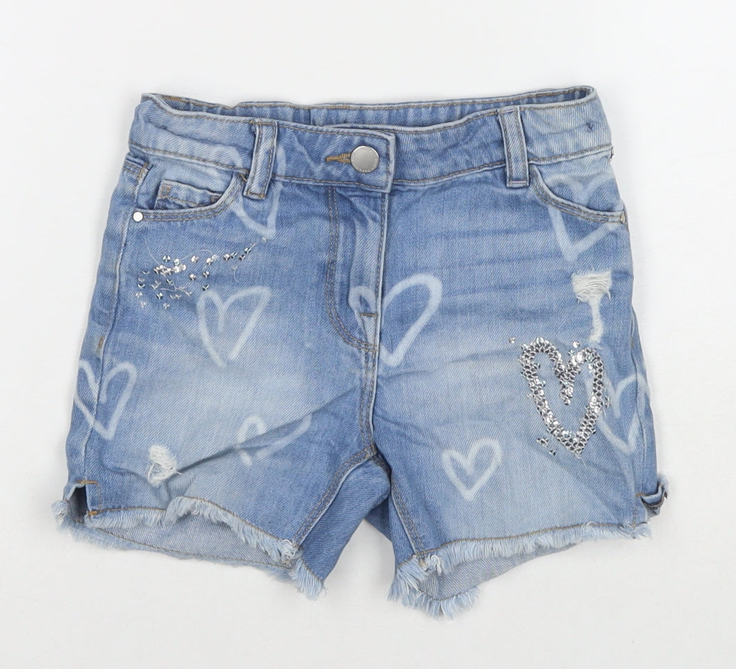 NEXT Girls Blue Geometric Cotton Cut-Off Shorts Size 5 Years L3 in Regular Zip - Hearts