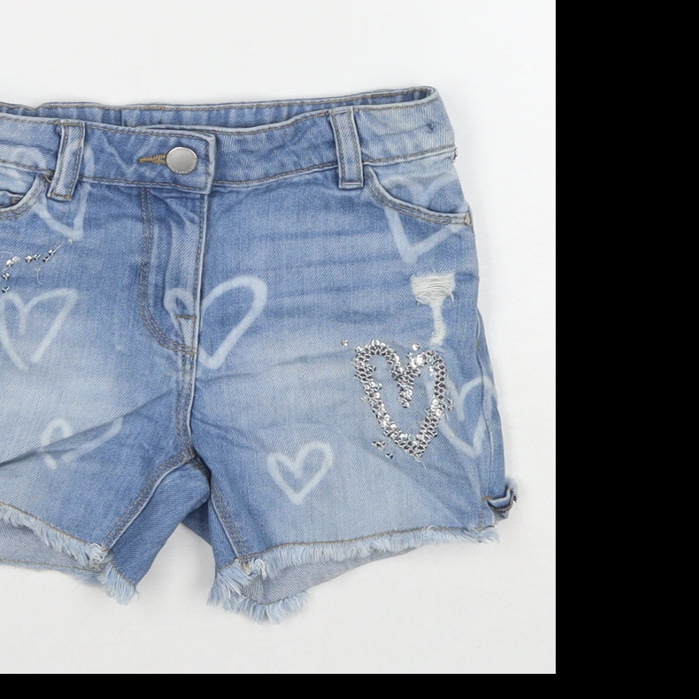 NEXT Girls Blue Geometric Cotton Cut-Off Shorts Size 5 Years L3 in Regular Zip - Hearts