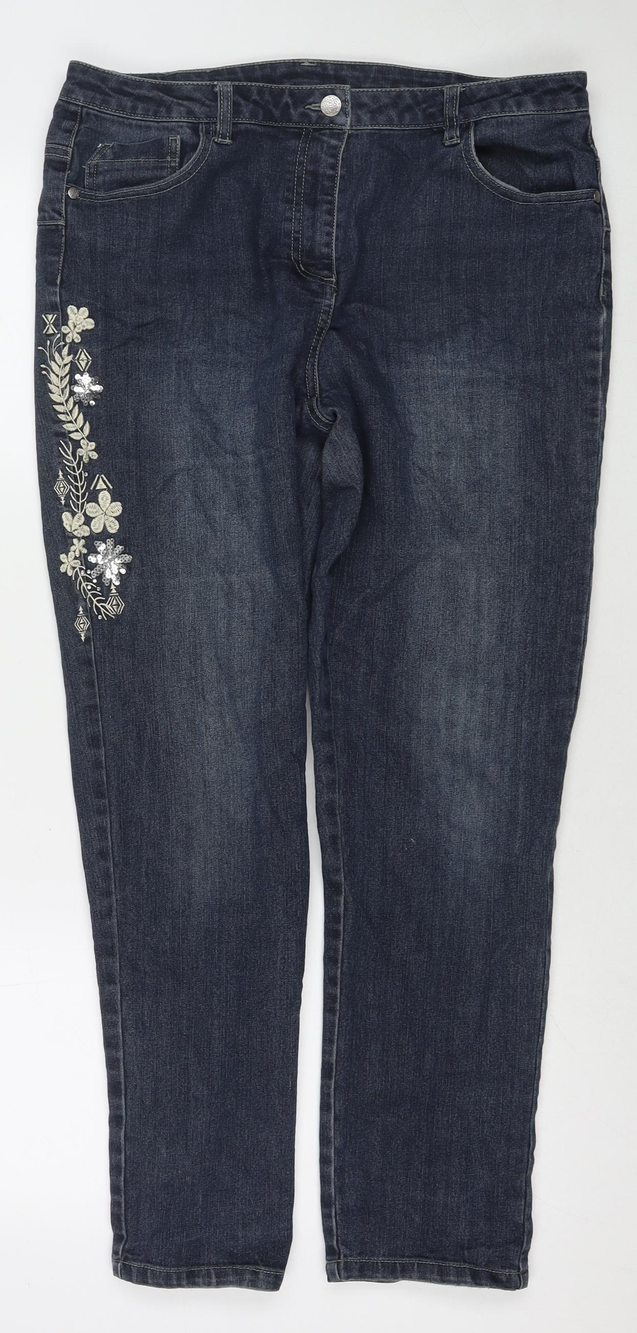 Lief.Kz. Womens Blue Cotton Straight Jeans Size 16 L28 in Regular Zip - Sequin Detail Flowers