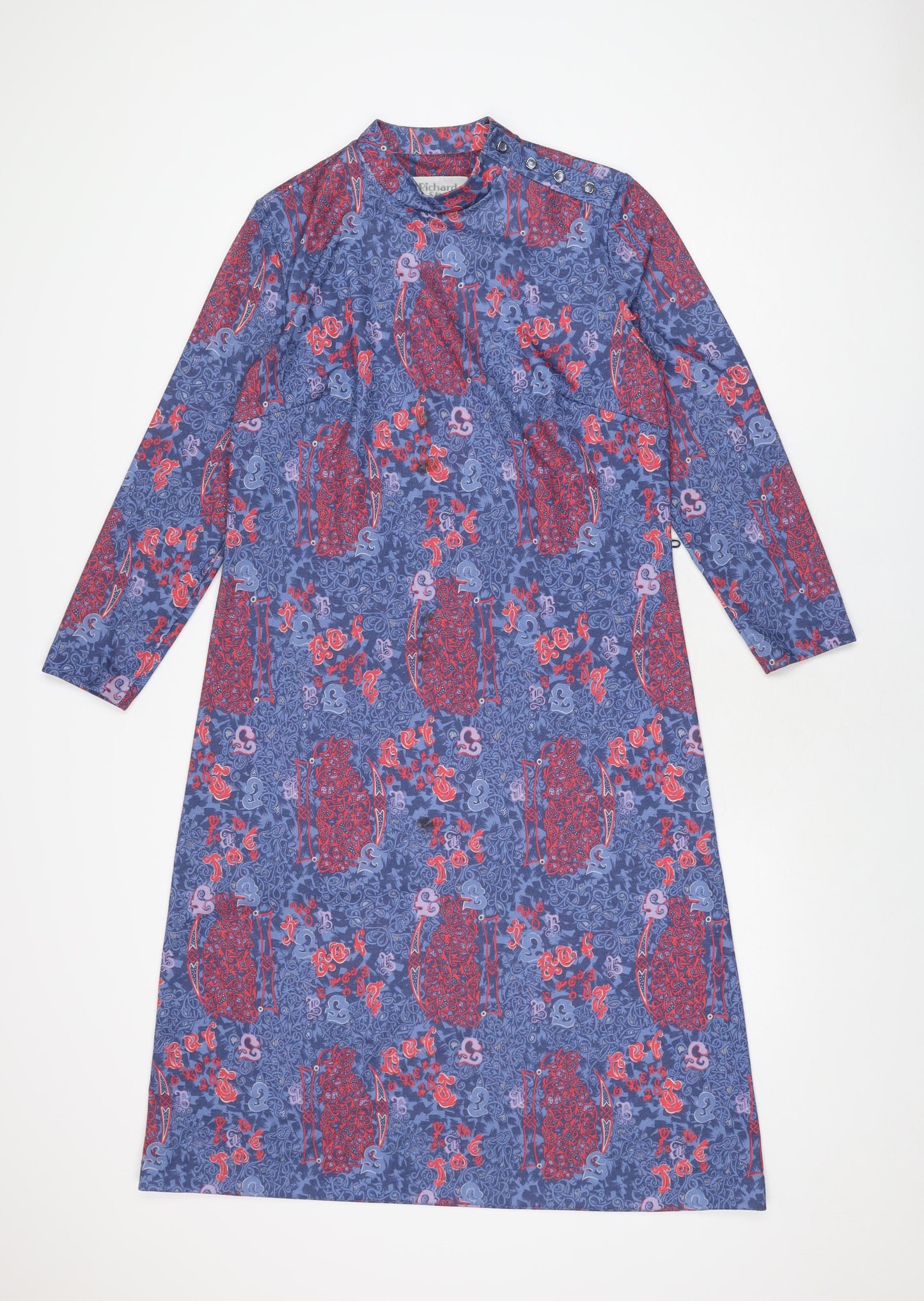 Richard Stump Womens Blue Geometric Polyester Shift Size 14 Round Neck Button