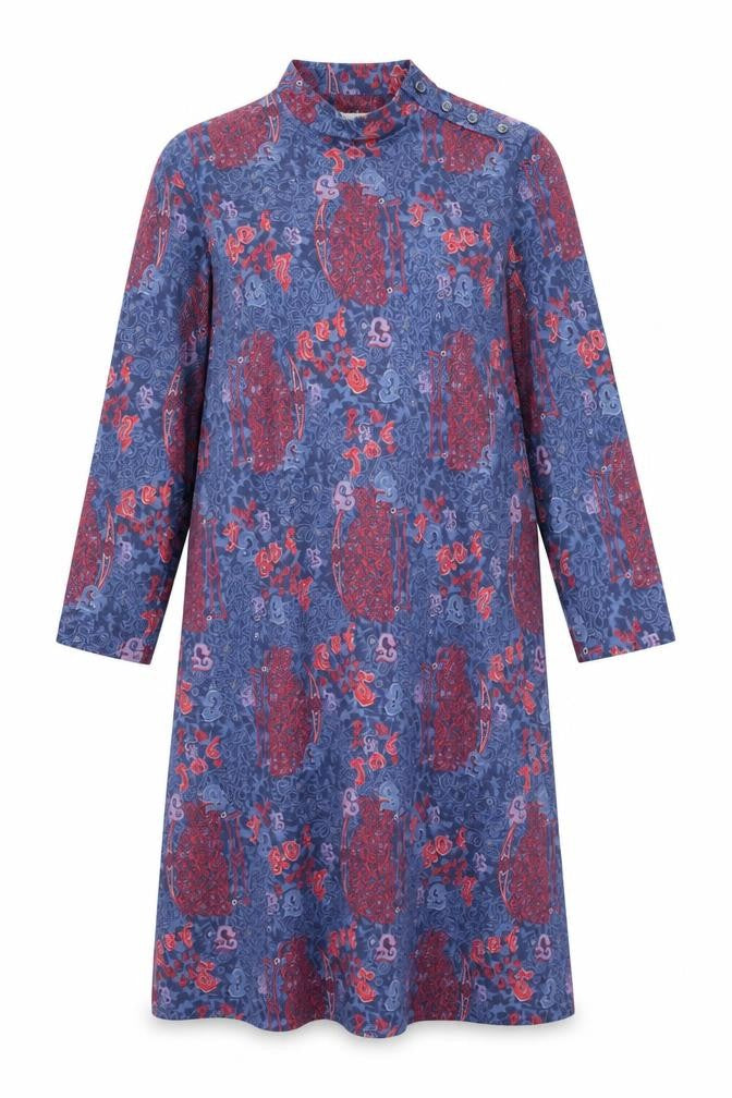 Front view of Richard Stump women’s blue geometric polyester shift, size UK 14, round neck button