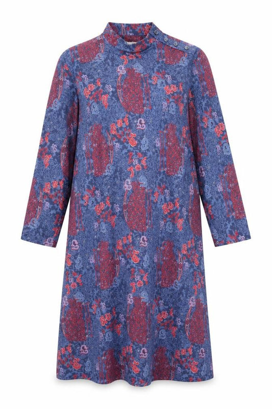 Front view of Richard Stump women’s blue geometric polyester shift, size UK 14, round neck button