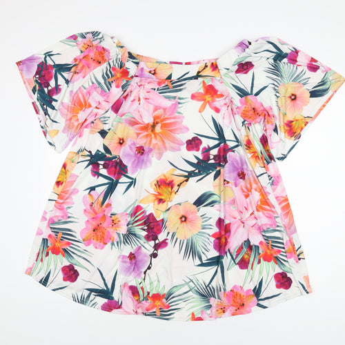 Love Yours Womens White Floral Polyester Basic T-Shirt Size 16 Off the Shoulder