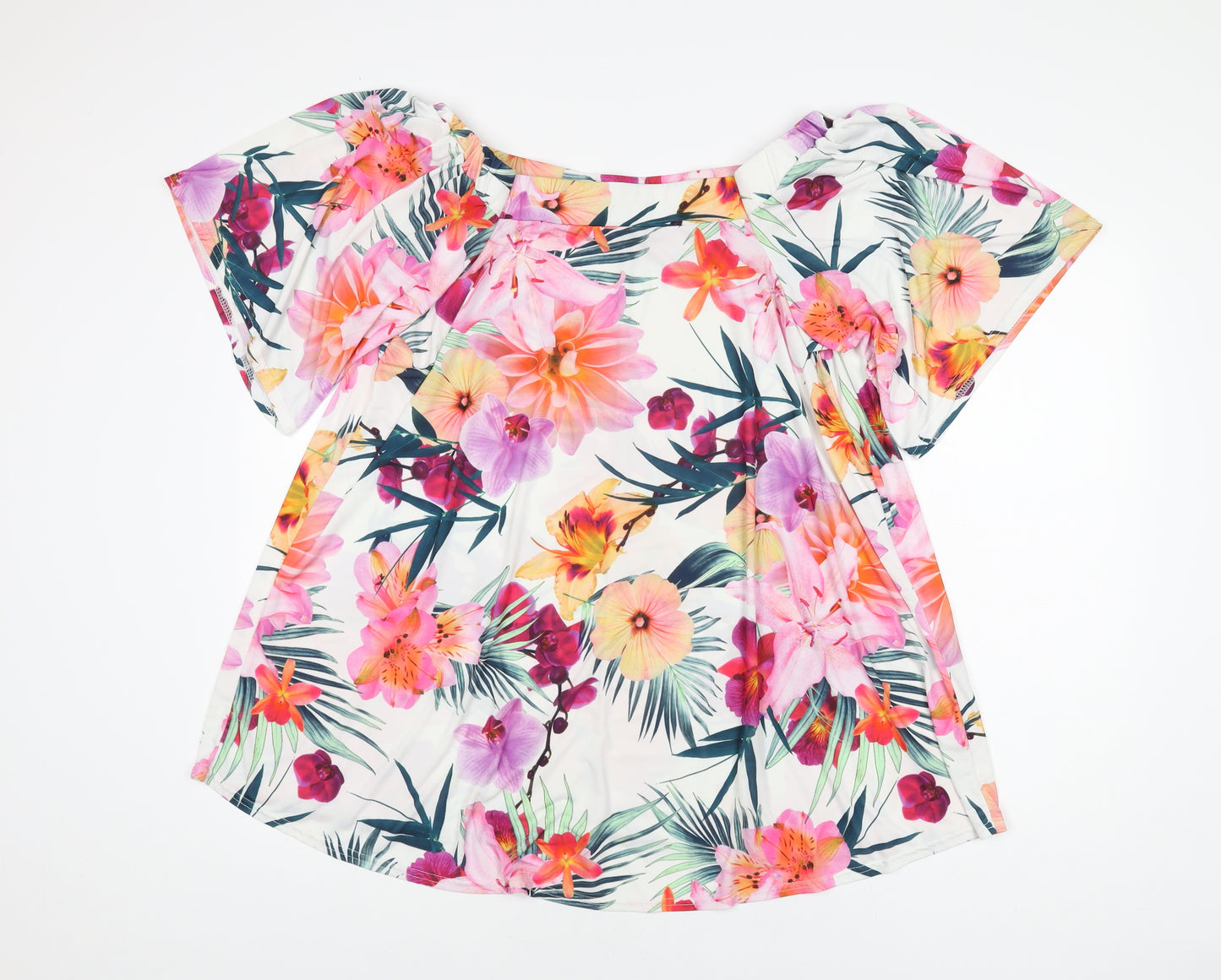 Love Yours Womens White Floral Polyester Basic T-Shirt Size 16 Off the Shoulder