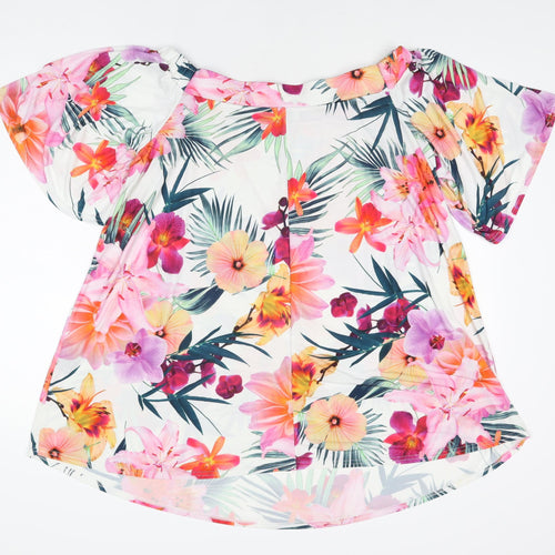 Love Yours Womens White Floral Polyester Basic T-Shirt Size 16 Off the Shoulder