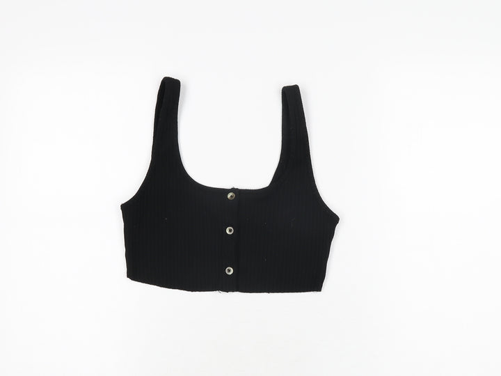Topshop Womens Black Polyester Cropped T-Shirt Size 10 Scoop Neck