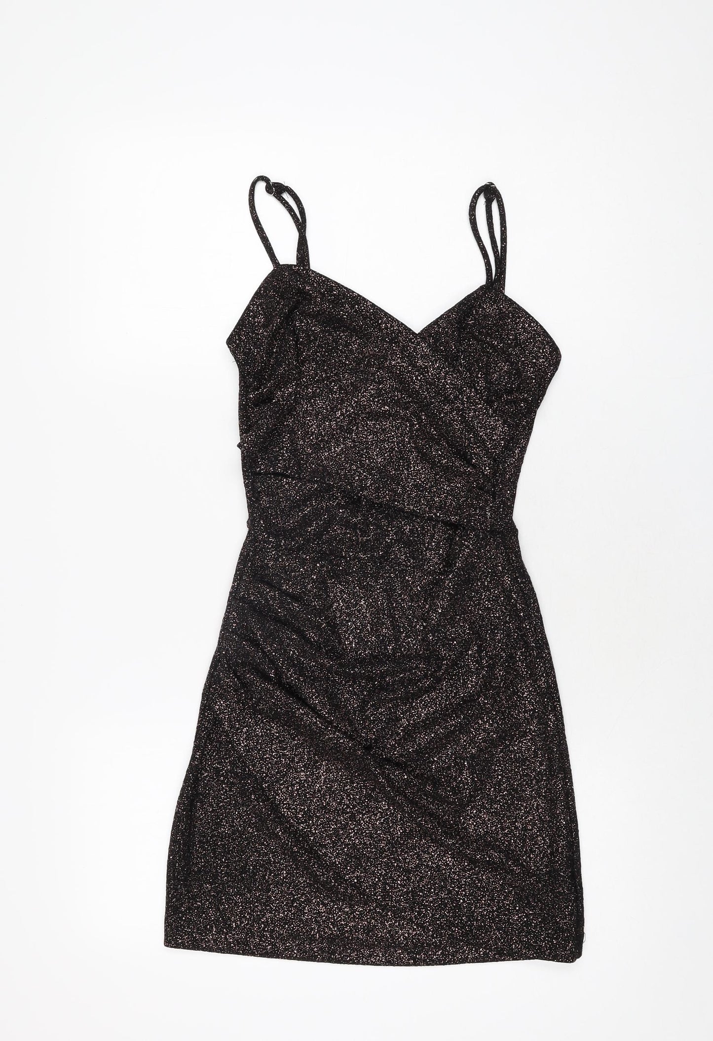 Amy & Clo in Vogue Womens Black Geometric Polyester Bodycon Size S V-Neck Pullover