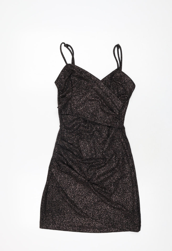 Amy & Clo in Vogue Womens Black Geometric Polyester Bodycon Size S V-Neck Pullover
