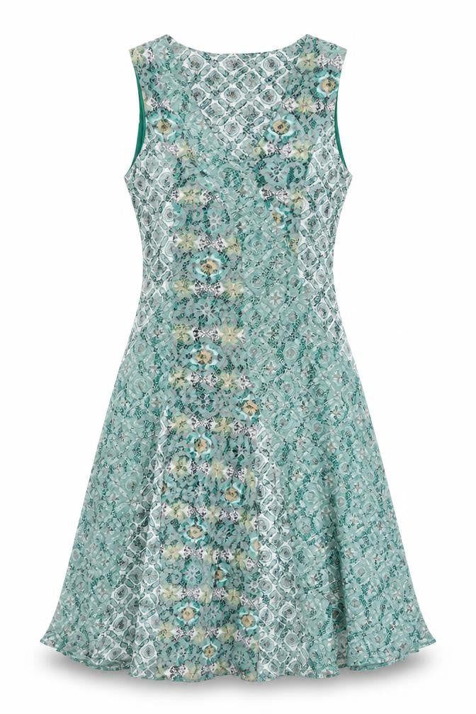 Front view of Marks & Spencer women’s green geometric polyester a-line, size UK 10, v-neck pullover