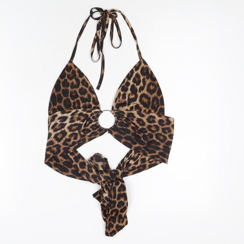 PRETTYLITTLETHING Womens Brown Animal Print Polyester Cropped T-Shirt Size 12 Halter - Leopard Print
