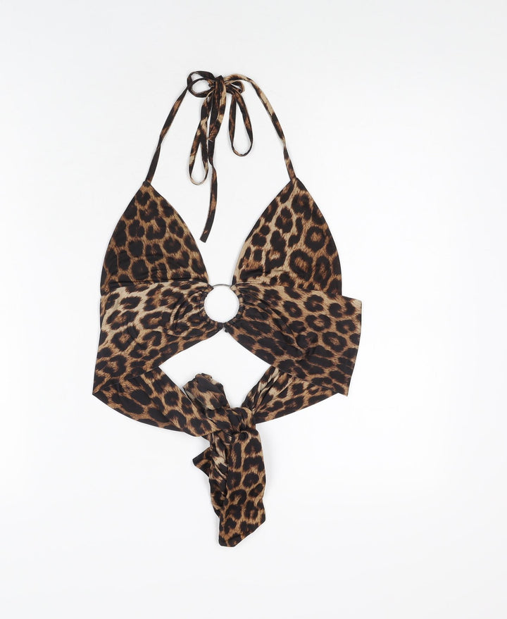 PRETTYLITTLETHING Womens Brown Animal Print Polyester Cropped T-Shirt Size 12 Halter - Leopard Print