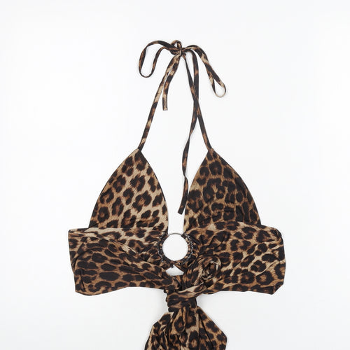 PRETTYLITTLETHING Womens Brown Animal Print Polyester Cropped T-Shirt Size 12 Halter - Leopard Print