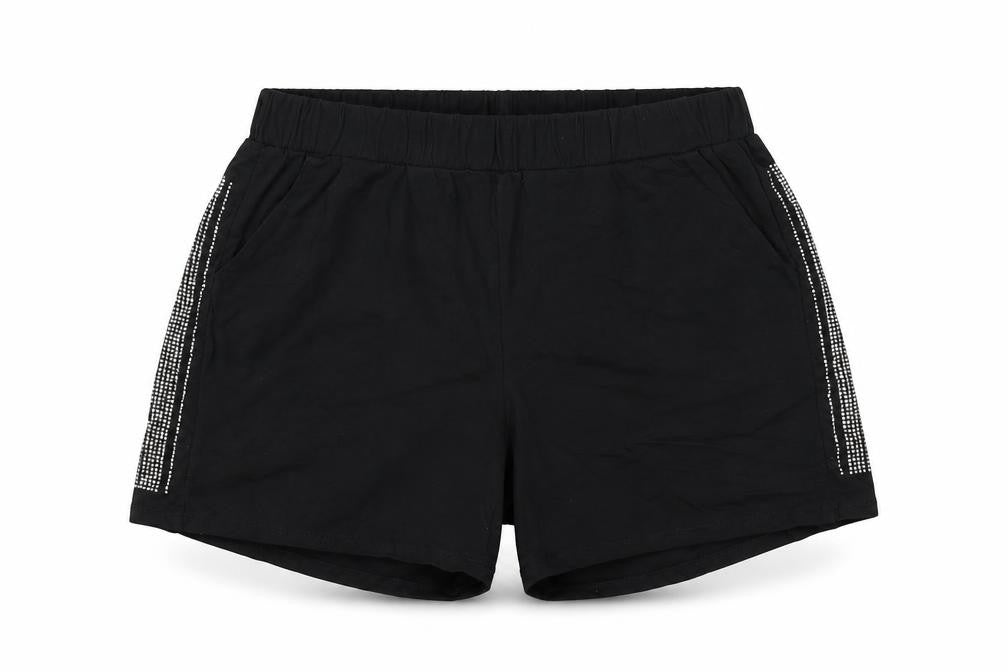 Front view of L'olive Verte women’s black cotton sweat shorts, size L, 4-inch leg regular pull on