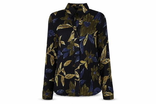 Front view of Taifun women’s black floral polyester basic button-up, size UK 14, collared