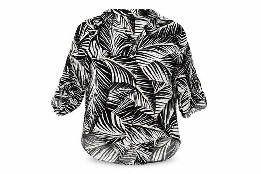 Front view of Wallis women’s black geometric viscose basic button-up, size UK 12, collared