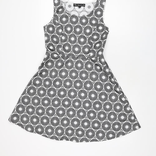 Mela Loves London Womens White Geometric Polyester Skater Dress Size 10 Round Neck Zip