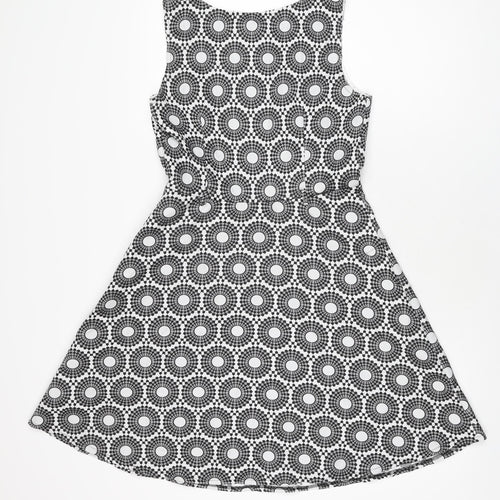 Mela Loves London Womens White Geometric Polyester Skater Dress Size 10 Round Neck Zip